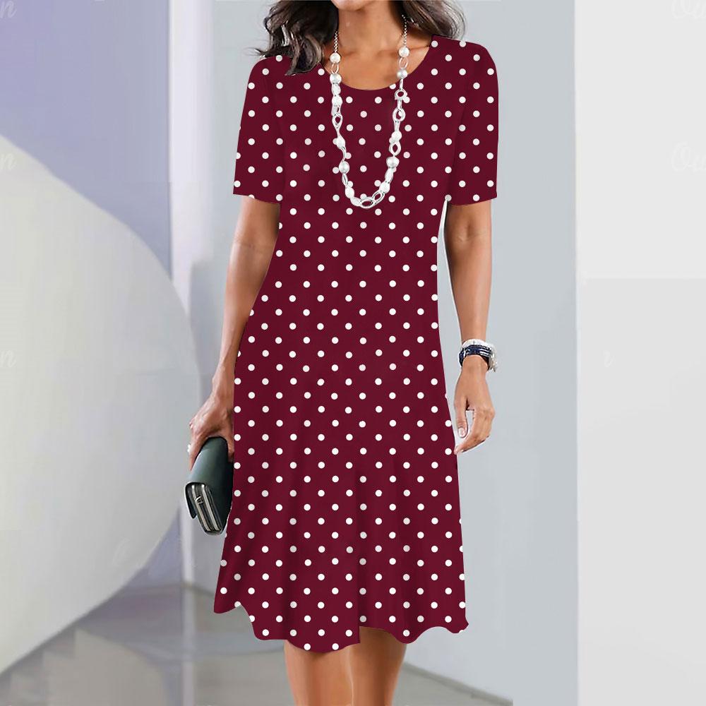 Letnia sukienka w kropki do kolan damska z dekoltem O luźna seksowna elegancka świąteczna moda sukienka