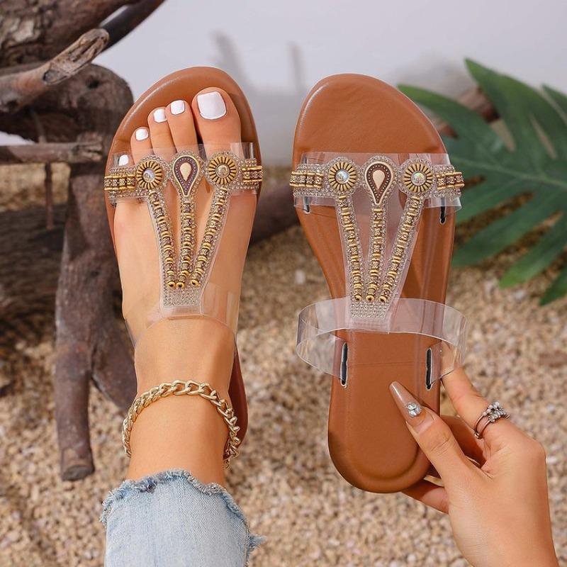 2026 Plus Size 43 Bohemian Style Flat Sandals for Women Summer New Fashionable Luxurious Rhinestone Casual Slippers