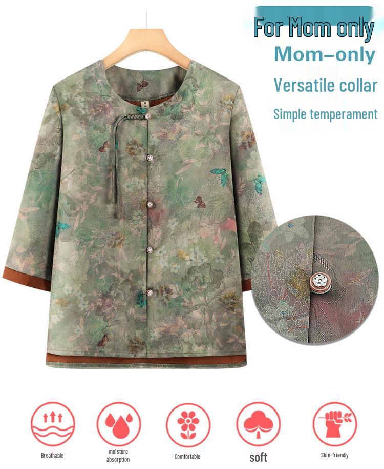Summer Chinese Style Plus Size Top for Elderly Women - Loose Three-Quarter Sleeve Shirt