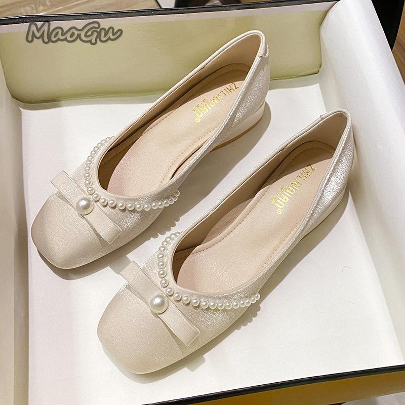 Fashion Women Pumps Mid Heels Fashion Sweet Square Toe Chunky Heel Shoes Pearl Satin Bowknot Woman Wedding Party Bride Shoes Ladies 43