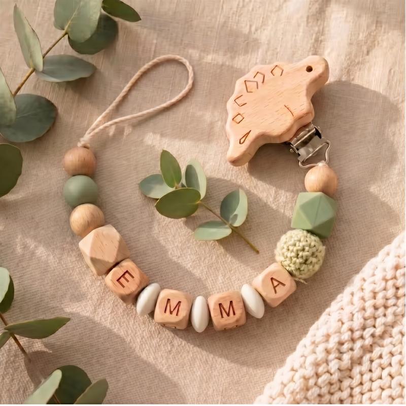 Handmade Personalized Baby Pacifier Clip Custom Name Silicone Teething Beads Holder Beech Wood Soother Chain for Infant Toddler
