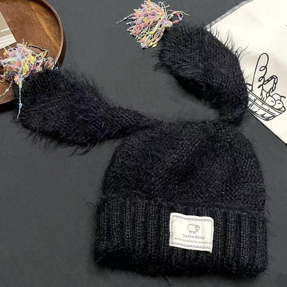 New Rabbit Ears Shape Winter Hat Tassel Design Solid Color Knitted Cap Hat Autumn Winter