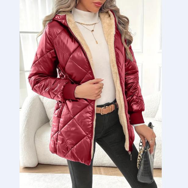 Manteau matelassé en coton à capuche mi-long pour femme, Veste extérieure imperméable brillante doublée de polaire, Parka chaude à motif losanges géométriques pour l'automne et l'hiver