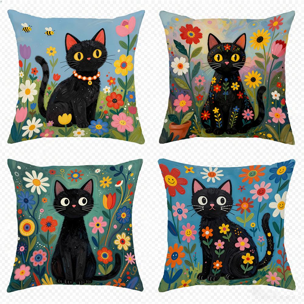 1/4Pcs Black Cat Floral Pillowcases For Cozy Decor Sofa Cushion Cover Home Bedroom Room Decoration