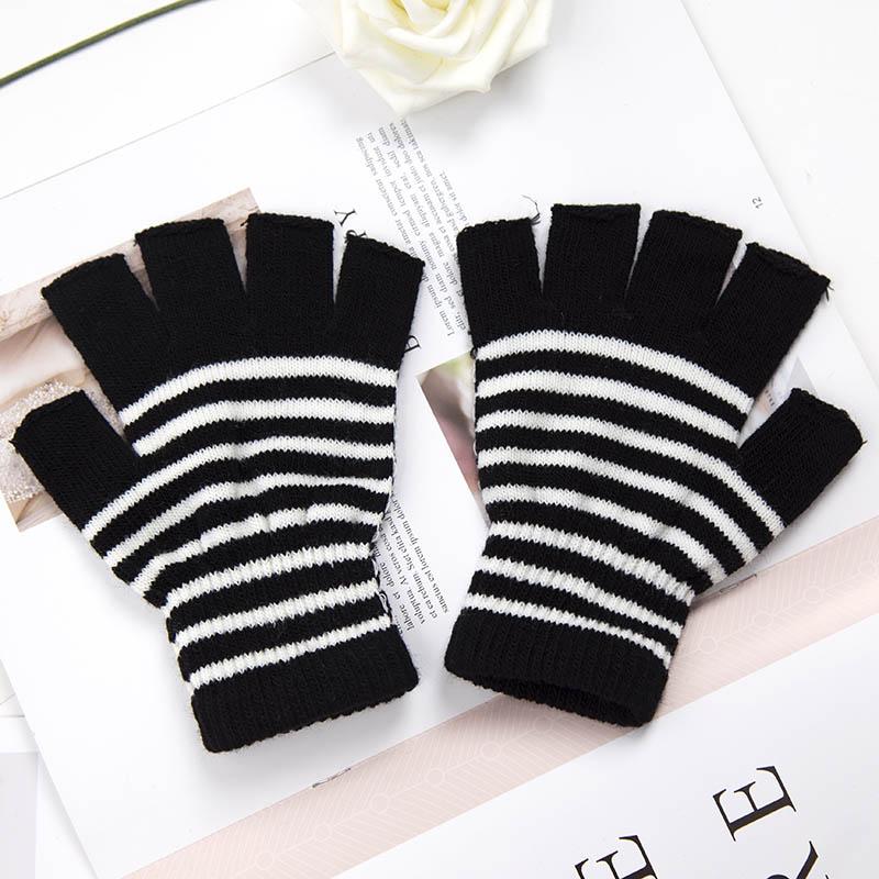 1Pair Unisex Black Stripes Half Finger Fingerless Gloves for Women Wool Knit Wrist Cotton Gloves Winter Warm Men Workout Gloves
