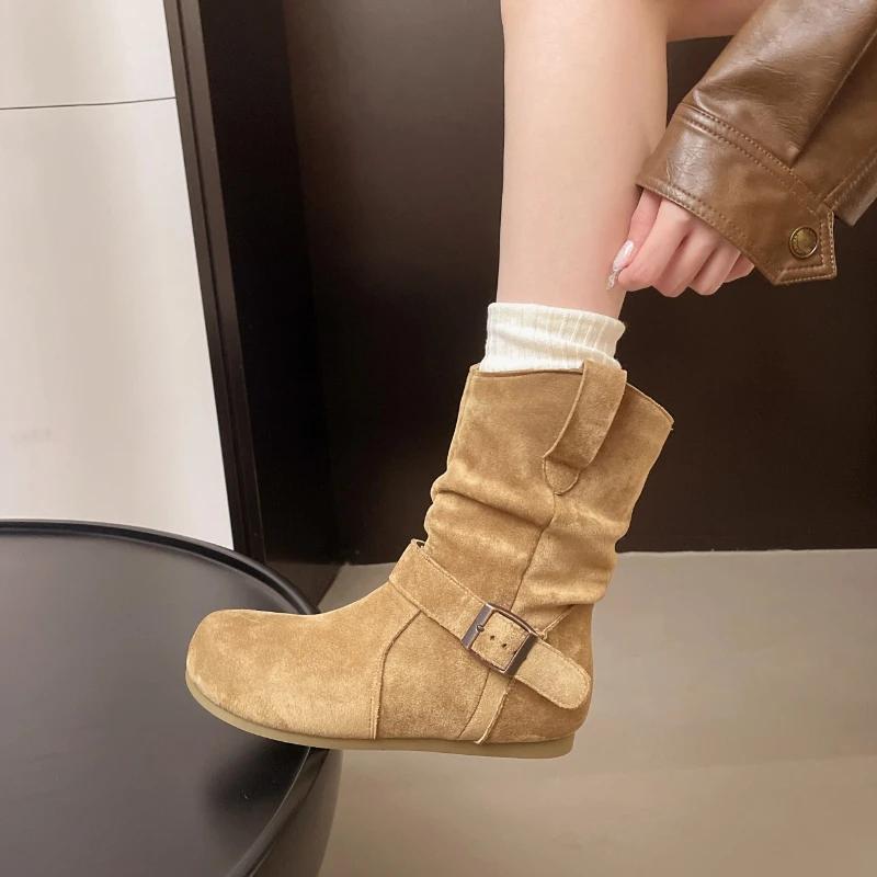 Fashionable Pleated Boots Women's  New Winter Belted Flat Nude Boots - Large Size Retro Round Toe Slimming Short Boots