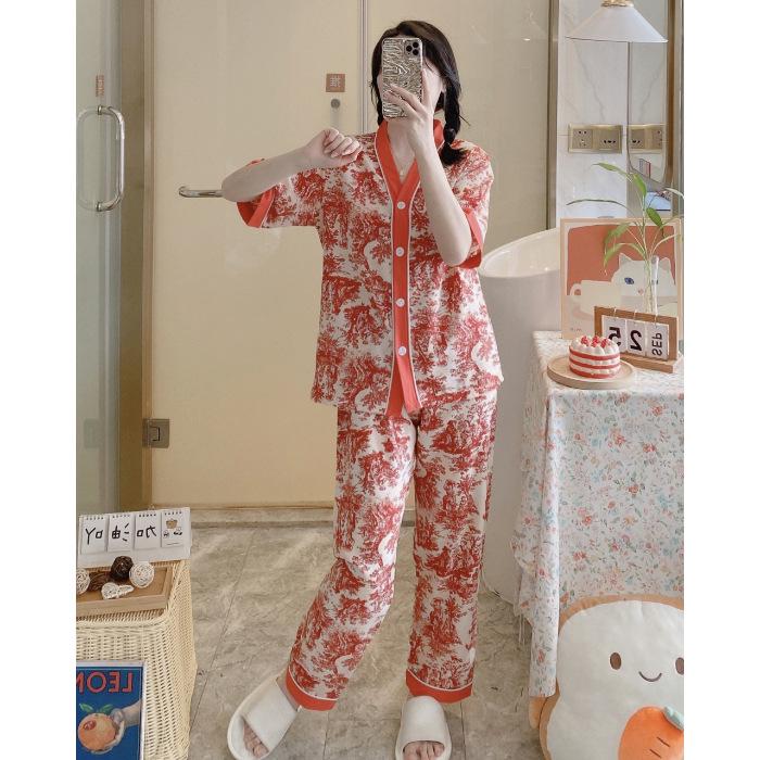 "Set de pijama pentru femei cu mânecă scurtă și decolteu în V - Bumbac Sweet Home & Îmbrăcăminte de exterior"