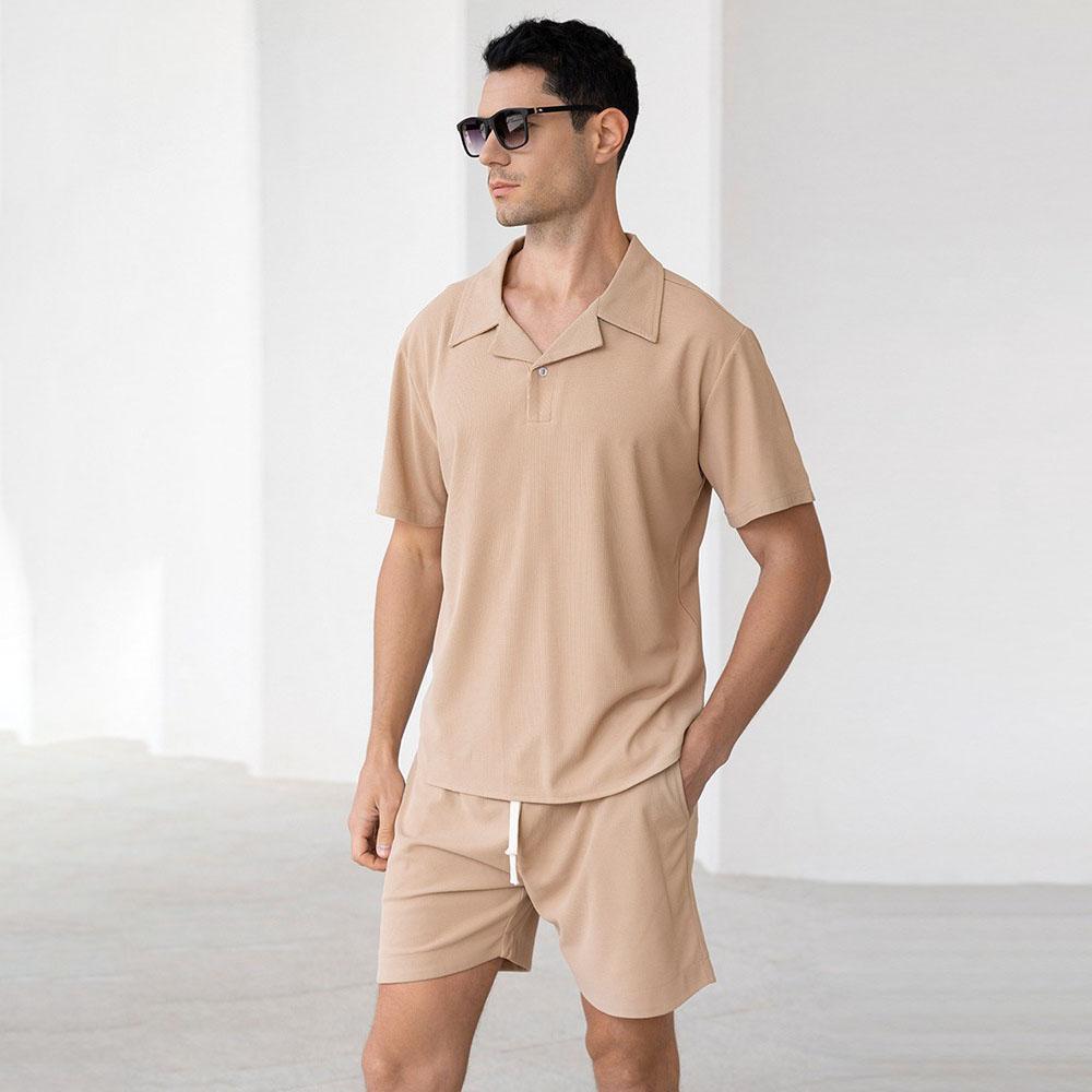 

2pcs Men s Summer Breathable Casual T-Shirt Men s Cuban Collar Solid Color Shirt Shorts Set Plus Size