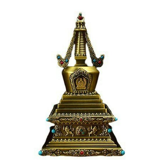 Stupa Sarira Tantrico Tibetano: Porta reliquie oro/bronzo per decorazione buddista domestica.