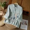 2023 Summer Retro Embroidered Cotton Linen Shirt with Frog Buttons