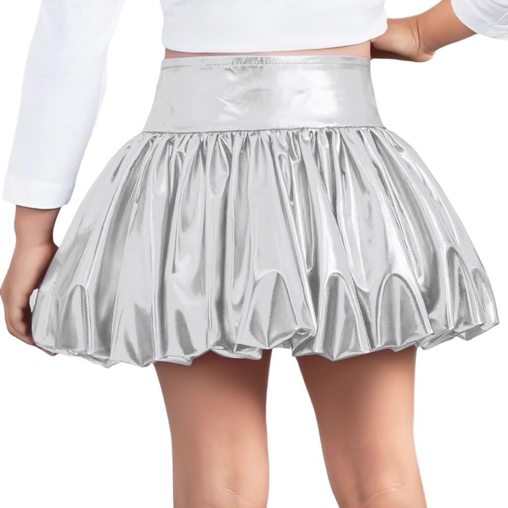 Girls Metallic Bubble Skirt Elastic Waistband Shiny Bud Skirt Sparkly Performance Costume