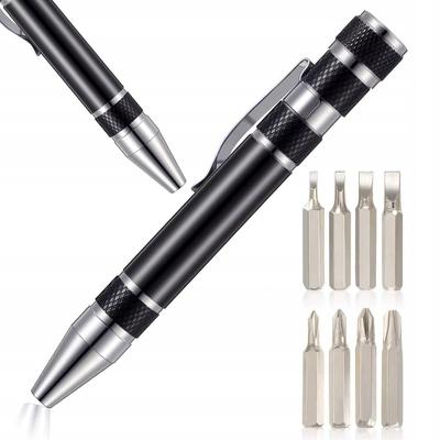 Pocket-Sized Precision Screwdriver With 8 Bits In The Shape Of An Aluminum Pen