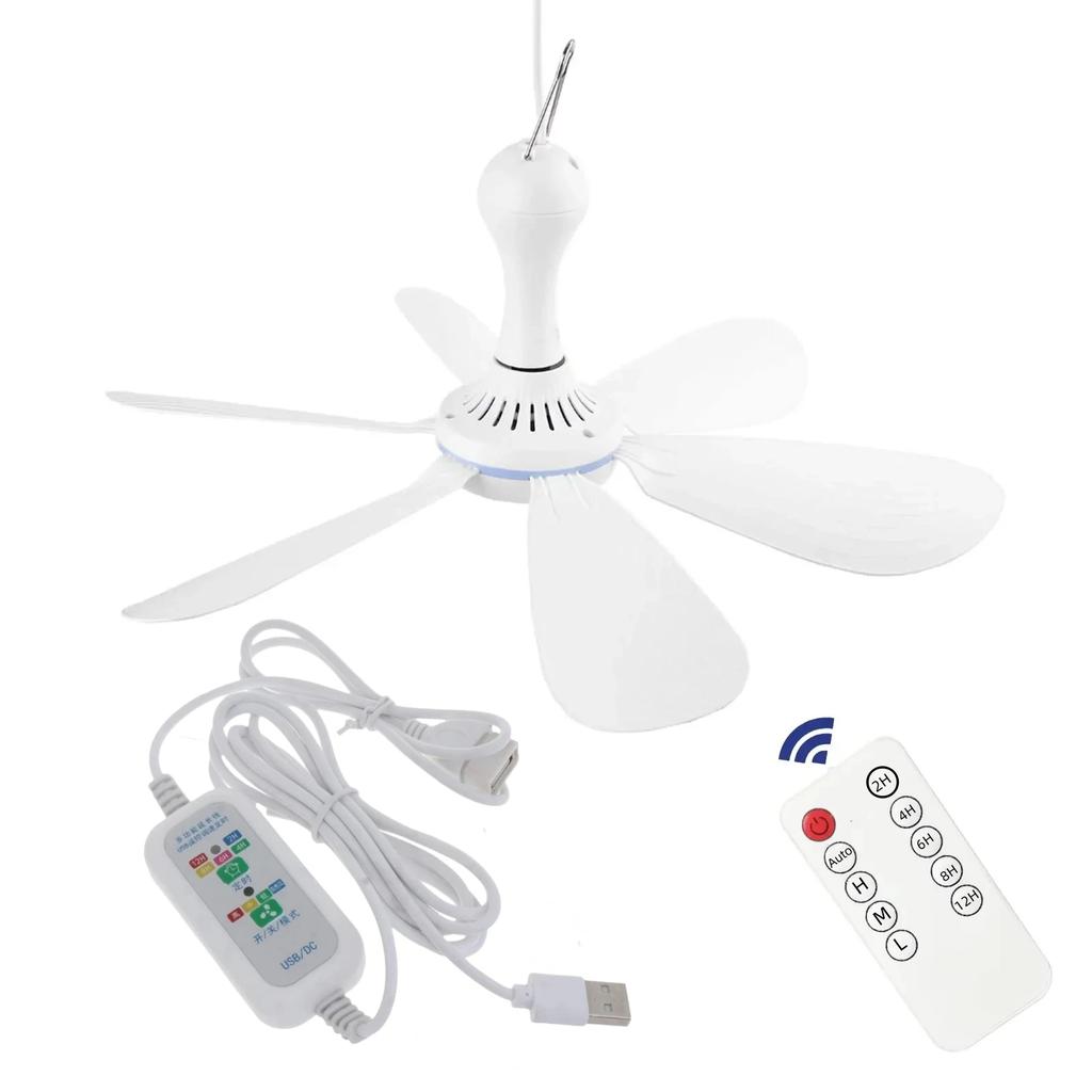 Ventilador de Techo Silencioso con 6 Aspas, Alimentado por USB, con Mando a Distancia, Temporizador, 4 Velocidades, Ventilador Colgante para Camping, Cama, Dormitorio, Tienda de Campaña, Nuevo
