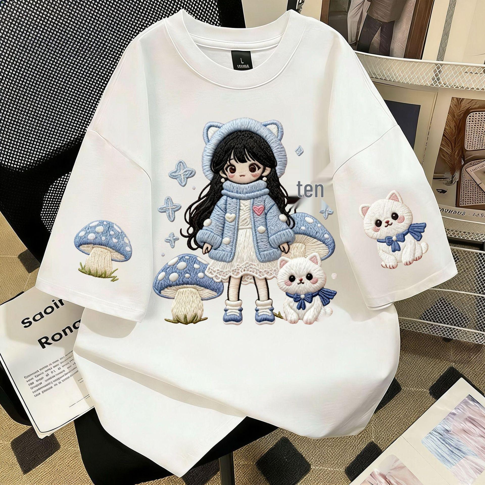 Girls Summer Cotton Embroidery Print T-shirt, Unisex Fun Style, Short Sleeve, School Age Kids Top XL