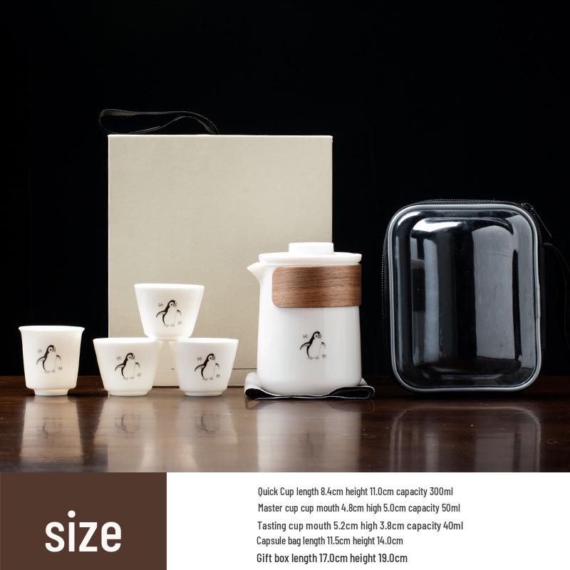 Premium Mutton Fat White Porcelain Panda Travel Tea Set - Portable Kung Fu Set with One Pot and Four Cups for Car, Outdoor, and Camping Use.