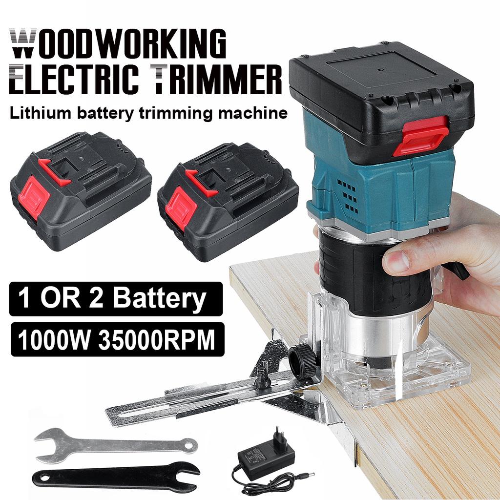 1000W Electric Trimmer Cordless Engraving Slotting Trimming Machine Wood Router with Li-ion Battery for 18V Battery Blue