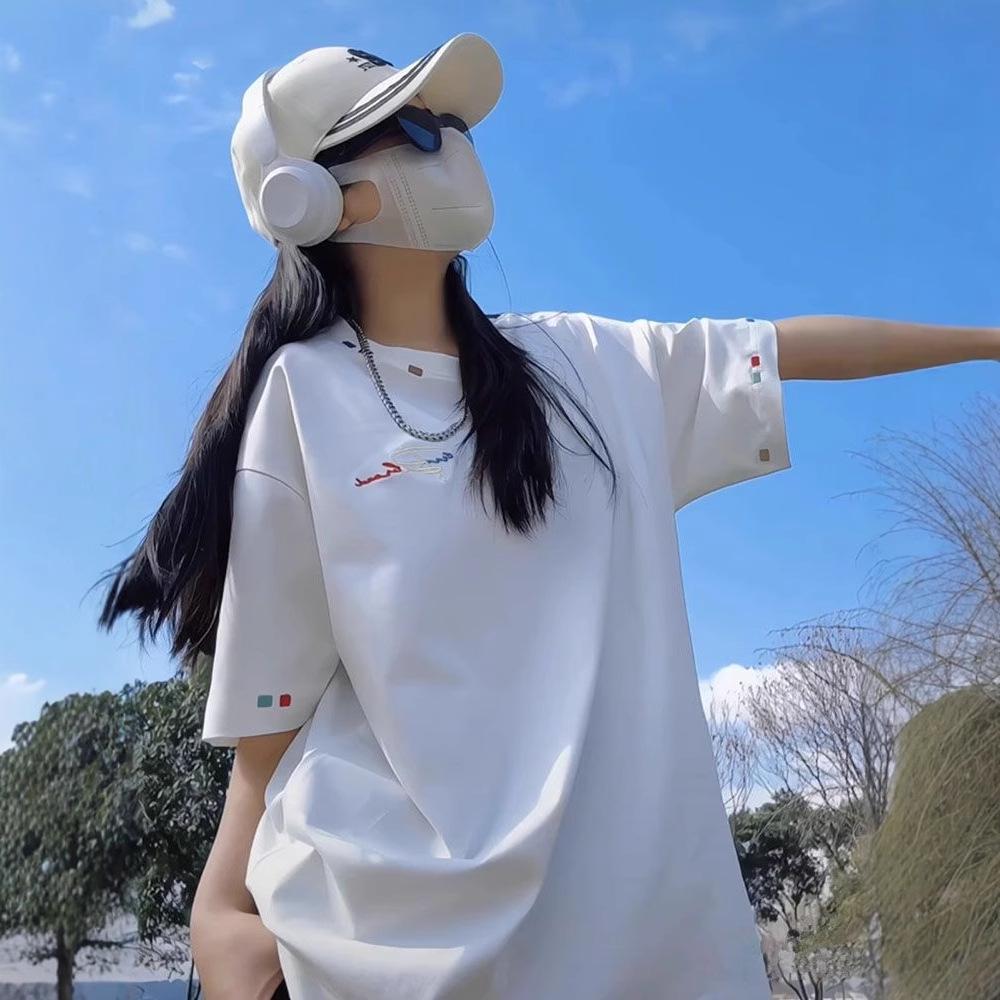 230g Heavyweight Pure Cotton Embroidered Short Sleeve T-Shirt - Niche Design, Loose Casual Summer Top, High Street Trend