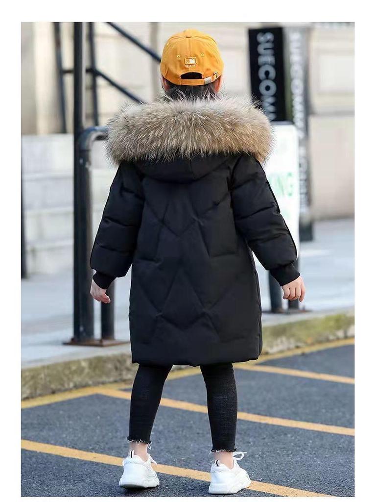 Girls' Mid-Length Down Cotton Coat with Fur Collar - Winter Jacket for Big Kids