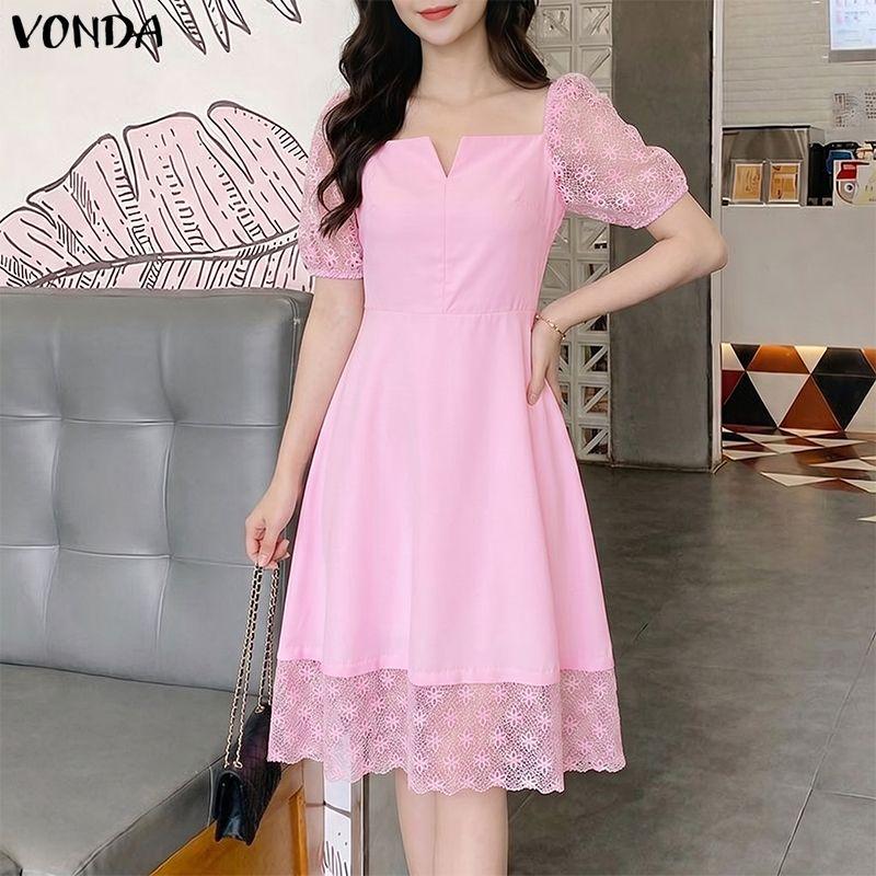 VONDA Women's Square Neck Elegant Lace Puff Sleeve Summer Dress A-Line Party Sundress