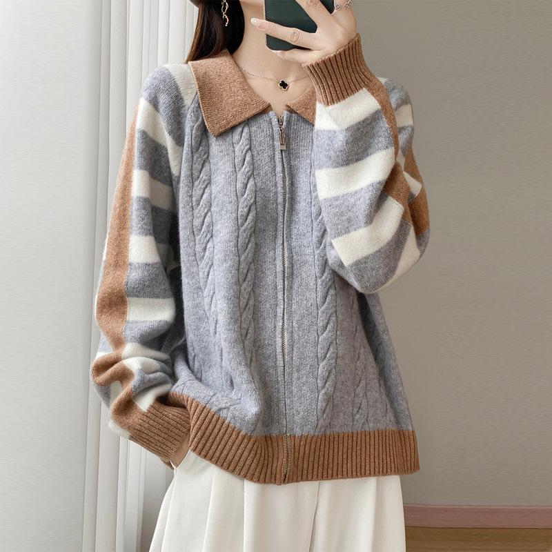 Mengyi Autumn Korean Style Color Block Cable Knit Cardigan for Women