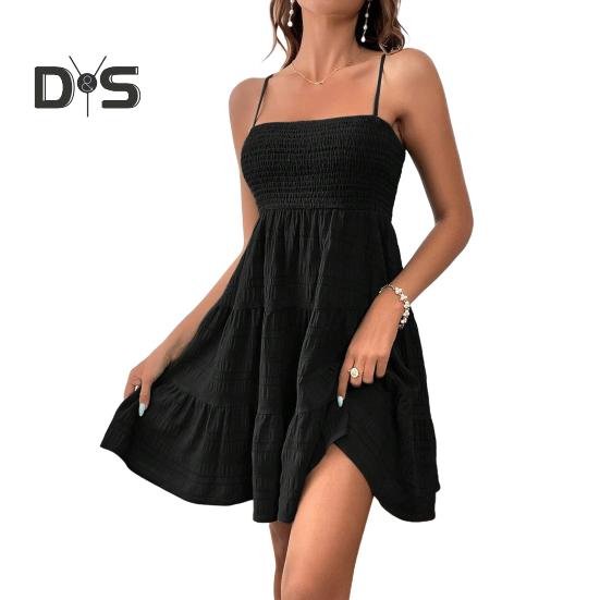 

Женское платье без рукавов, летнее мини-платье с квадратным вырезом и бретельками, струящиеся короткие сарафаны А-силуэта для повседневной работы и отдыха S чёрный