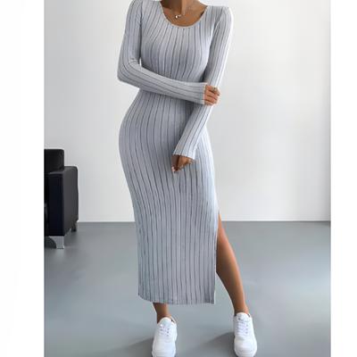 Women's  Autumn Winter Solid Color Long Sleeved  Sexy Slit Knitted Long Casual Comfortable Round Neck  Dress