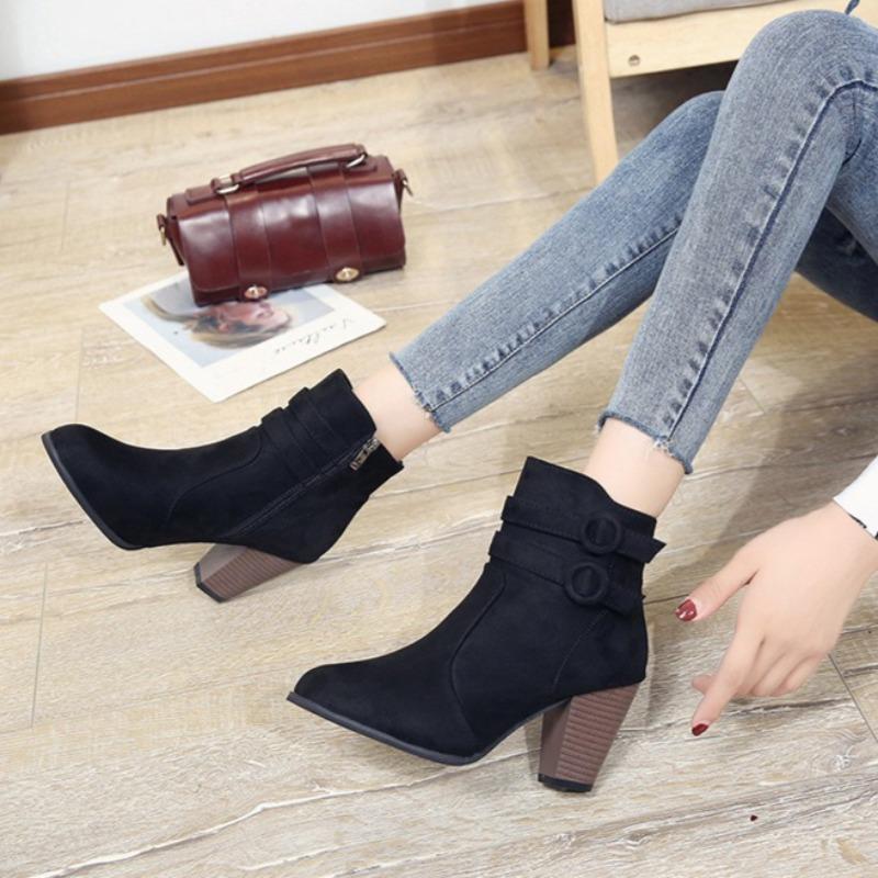 Women Ankle Boots Retro Suede Casual Boots Pointe Designe High Heeled Boots for Women Thick Heel Platform Short Boot Botas Mujer