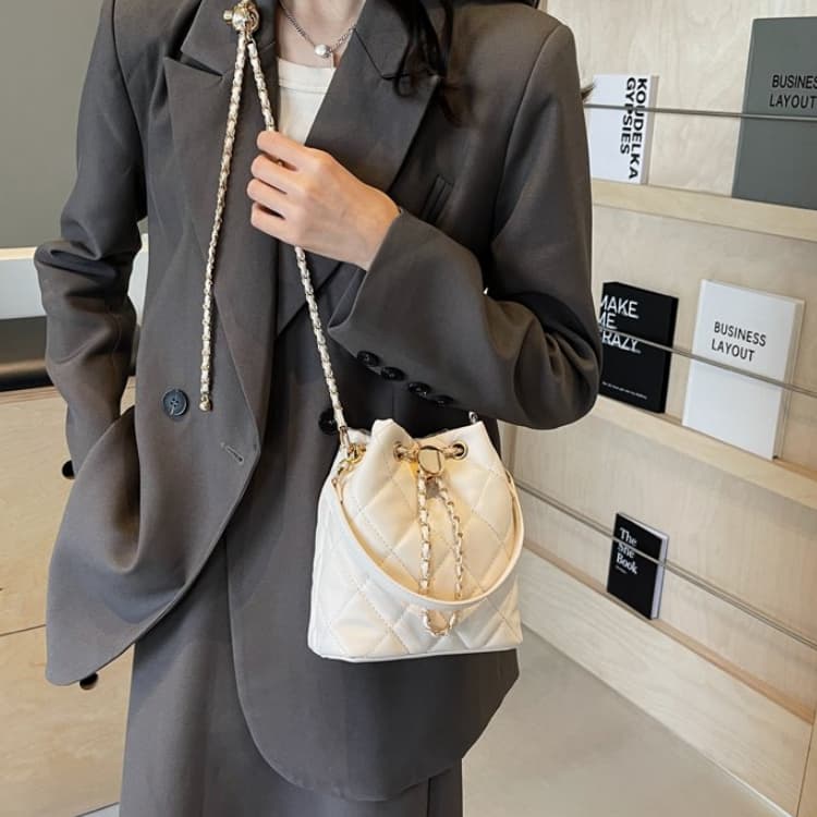 Rhombus Drawstring Through Leather Gold Chain Mini Bucket Bag