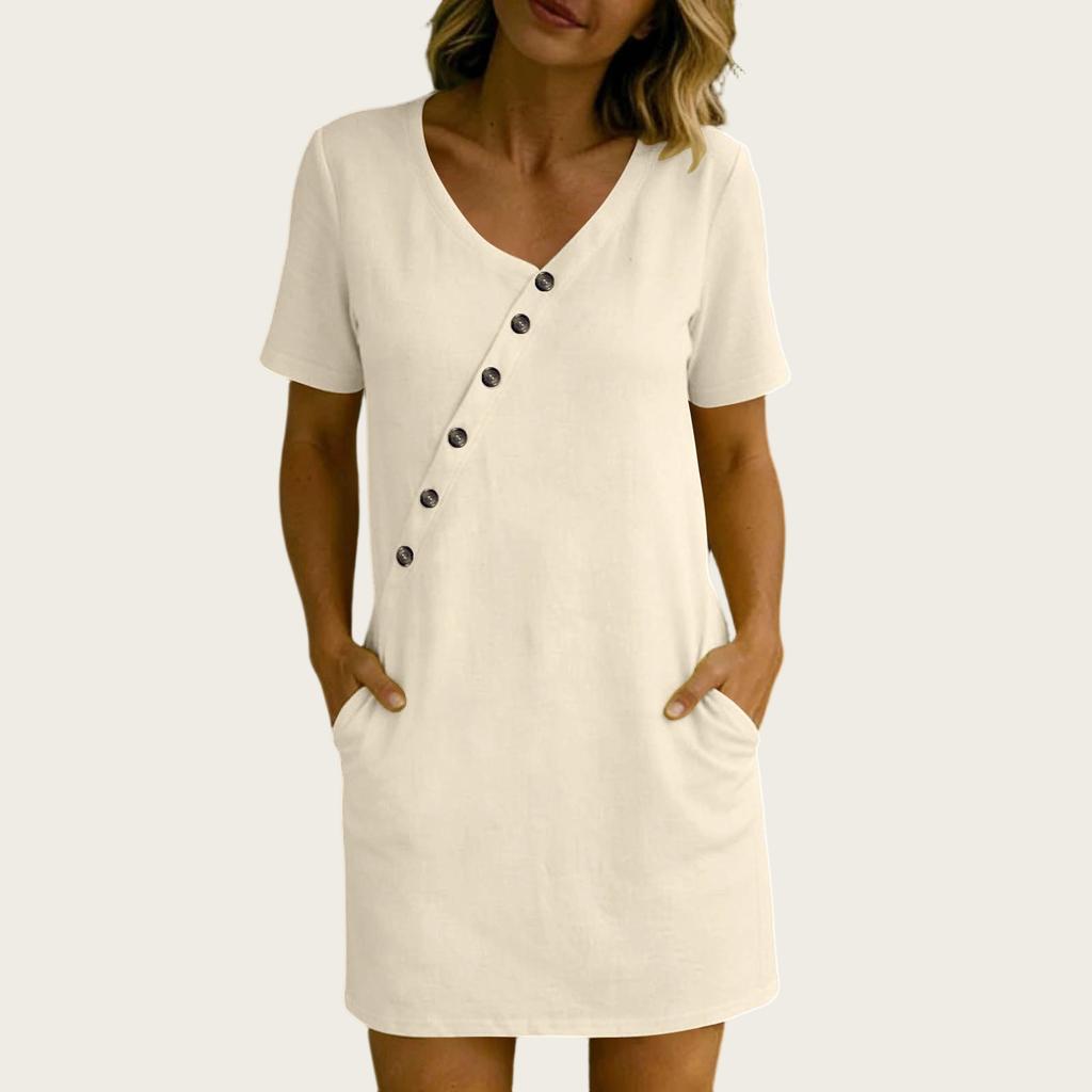 Damen Sommer Lässiges V-Ausschnitt Kurzarmkleid mit Knopfleiste und Taschen Leicht Lockerer Schnitt für den täglichen Gebrauch