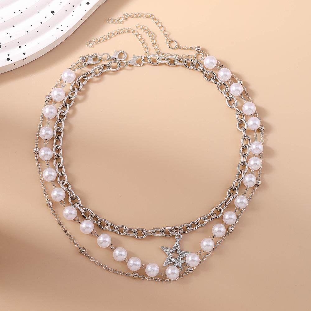 3pcs/set New Crystal Star Pendant Necklaces Pearl Beaded Choker Necklace Women Girls Handmade Jewelry Gift