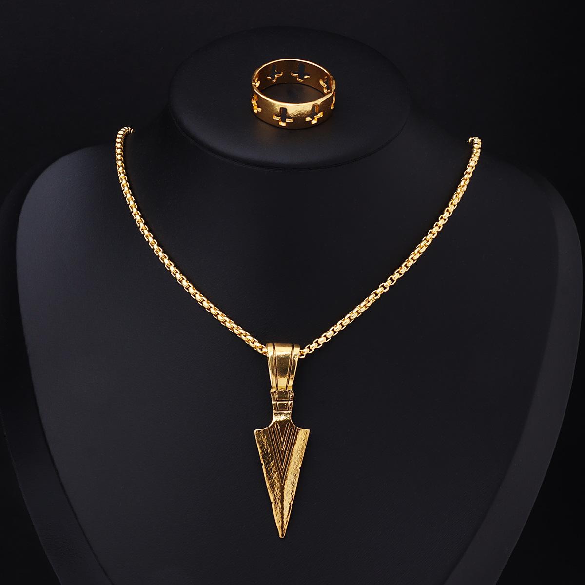 

2pcs/Set Hip Hop Stainless Steel Sword Pendant Necklace Set with Chain Ring Bracelet Choker for Women Men Punk Zircon Gifts золотой