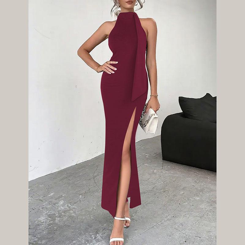 Women Halter Neck Maxi Dress High Slit Bodycon Evening Party Formal Dress