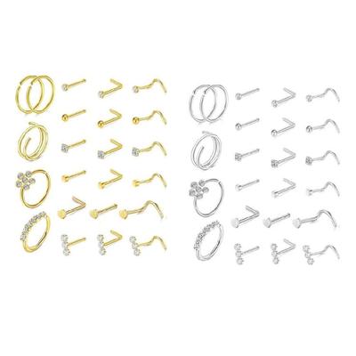 Multiple Styles Stainless Steel Nose Rings 23Pcs Elegant Color Cubic Zirconia 0.8mm Gauge Body Piercing Jewelry