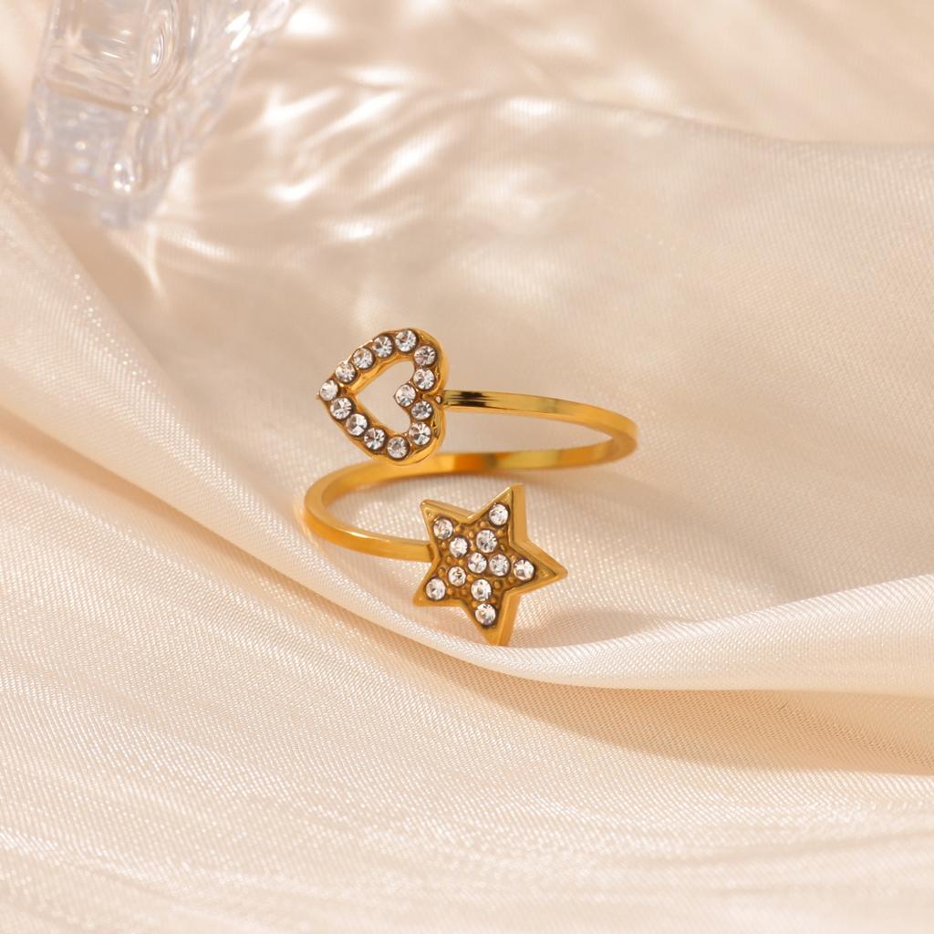 Zircon Star Heart Open Rings For Women Stainless Steel Gold Color Opening Adjustable Ring Wedding Engagement Christmas Jewelry