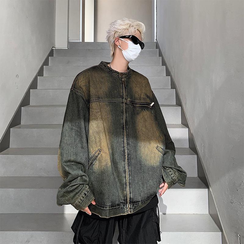 

Spring and autumn men s American retro washed old denim jacket, male ruffian, handsome loose casual jacket, stand-up collar top 3XL