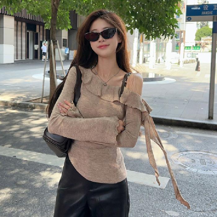 

Топ с оборками на плечах, с длинными рукавами, облегающий - Новая осенняя мода M