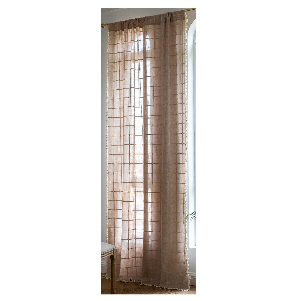 Curtain Finished Non-Punching Cover Pole Type American Living Room Bedroom Fringed Balcony Plaid Curtain