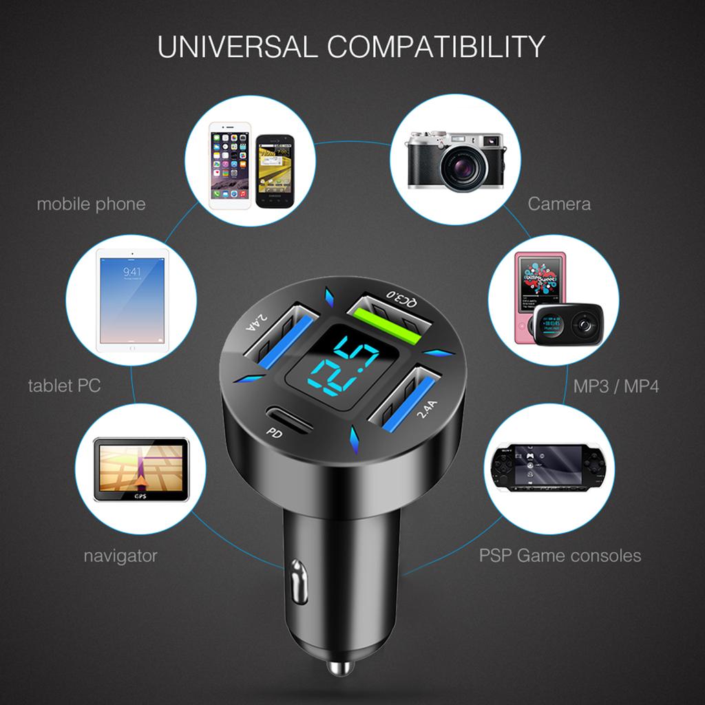 4 Ports 66W PD QC3.0 Car Charger 12V-24V USB Car Charger Socket Ultra Fast Digital Display Phone Charge Power Adapter Outlet