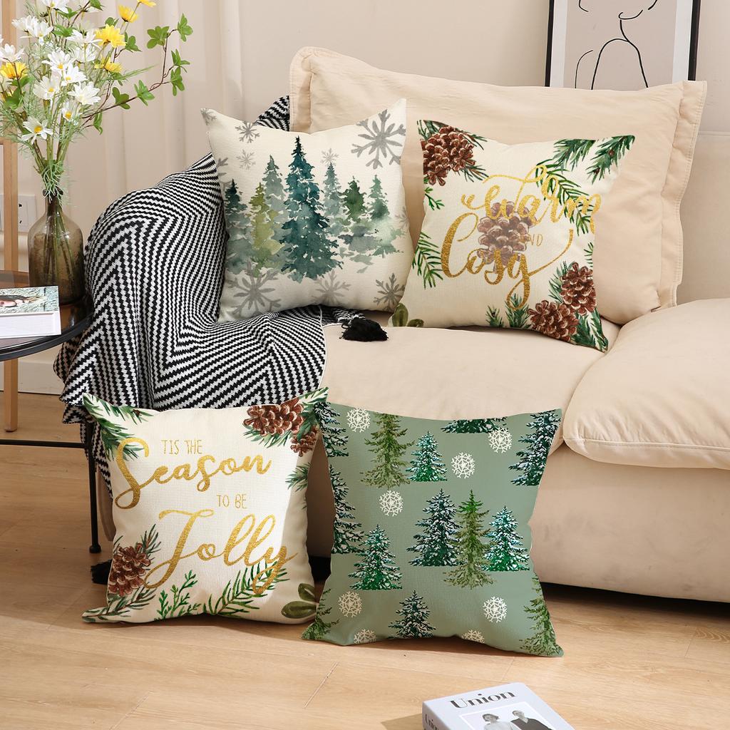 Christmas Pillow Case Christmas Tree Linen Print Sofa Cushion Home Living Room Cushion Combination Pillow