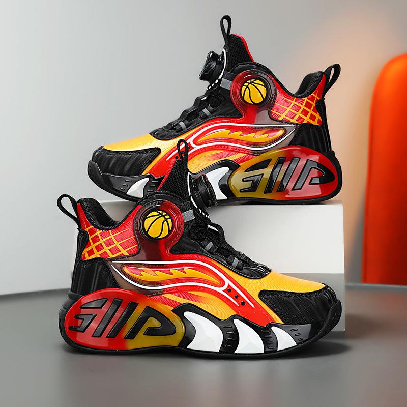 Children's Basketball Shoes Boys Autumn and Winter New Velvet Outdoor Large Cotton Shoes Leather Surface Waterproof Girls Button Sports Shoes