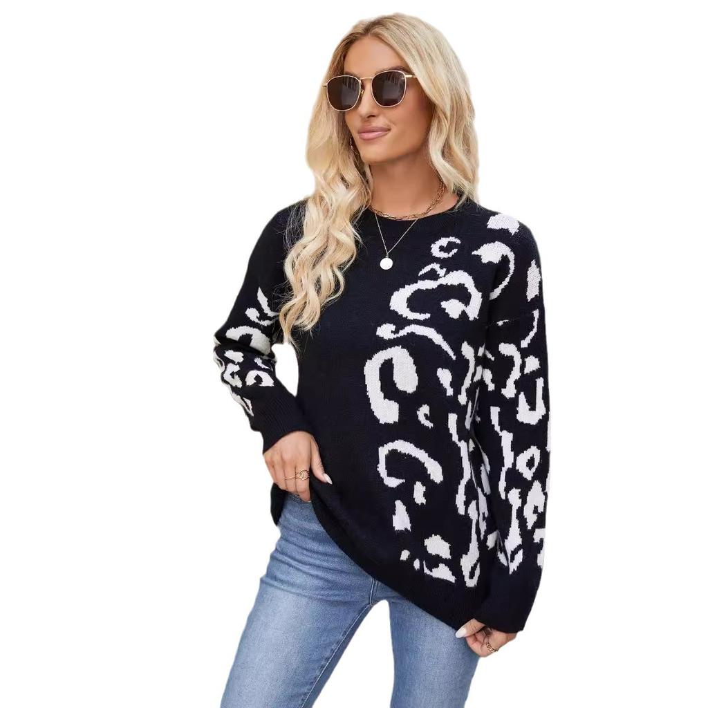 Fall Winter Leopard Print Knitted Pullover Women's Round Neck Long-sleeved Loose Knit Sweater Jacket Trendy Comfortable Versatile Wear