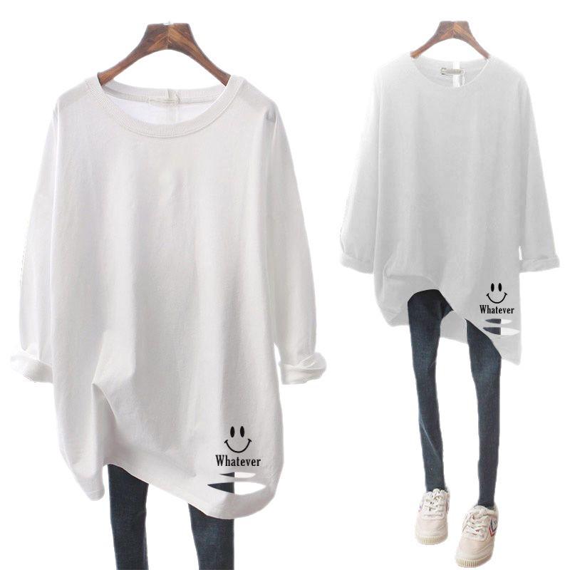 Women's Pure Cotton Long Sleeve White T-shirt - 2025 Spring/Autumn Collection, Loose Fit, Mid-length, Plus Size, Ripped Design.