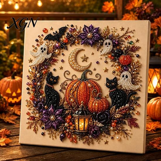Handgemachtes Geschenk für Bastelfreunde 2 Stück Halloween Kunst mit Kunstperlen, Geisterkürbis Hexe Krähe Malerei DIY Funkelndes Perlen-Set Kit, 3D Totenkopf