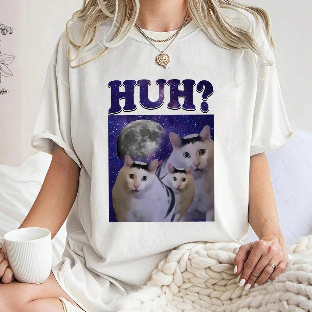 Huh Funny Cat Emoji Crew Neck Shortsleeved Casual Tshirt Unisex Heavyweight Cotton Top Vintage Clothes Women T Shirt