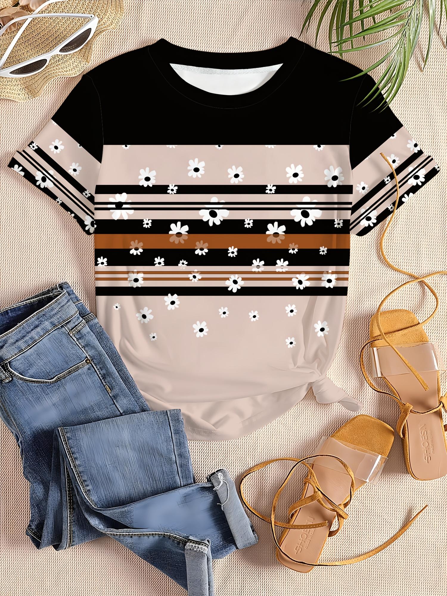 

Women s T-shirt, retro contrast striped daisies all over print, niche fresh style comfortable fabric XXS