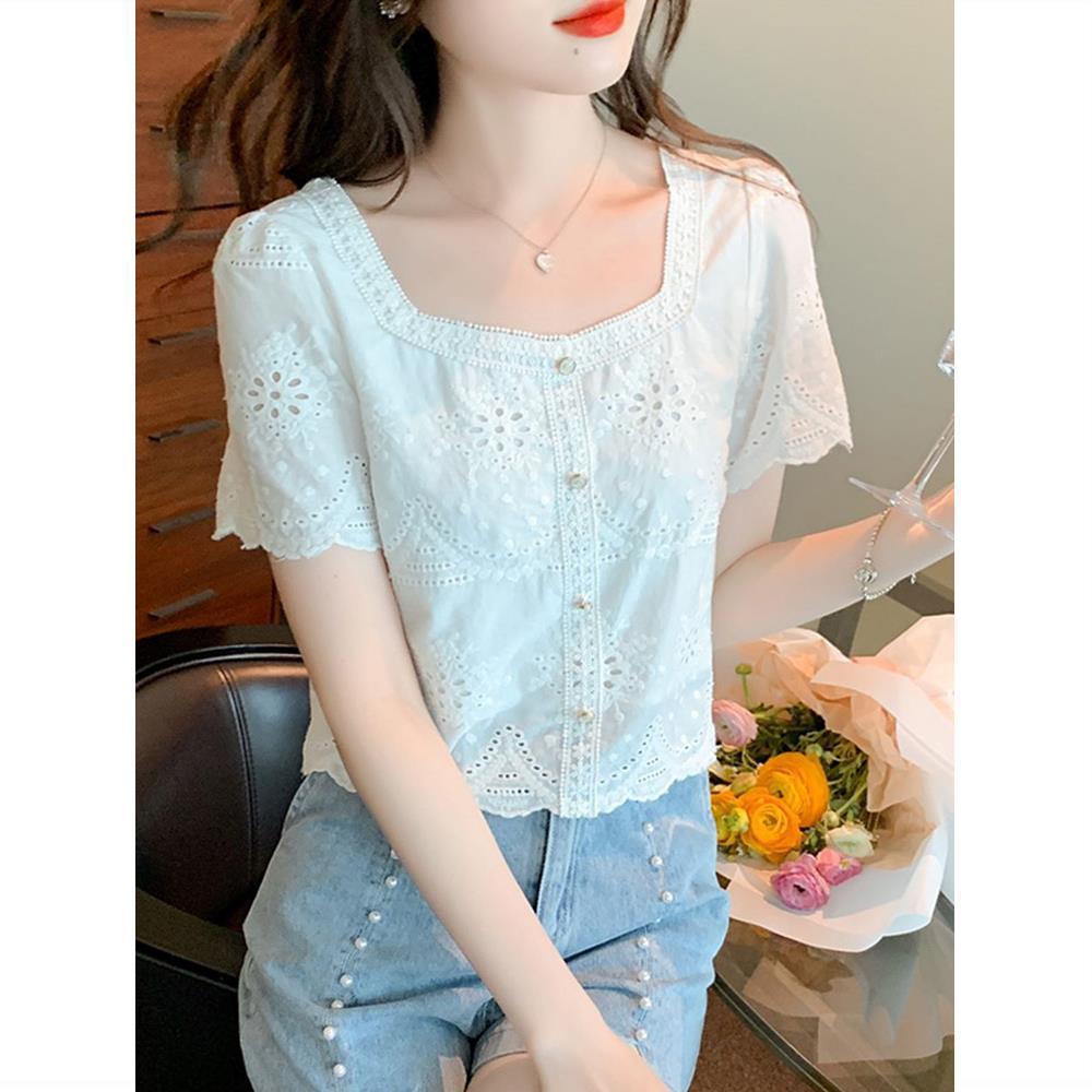 Sommer 2023 Retro Hohlspitze Quadratischer Ausschnitt Kurzarm Damen Schlankmachendes Oberteil