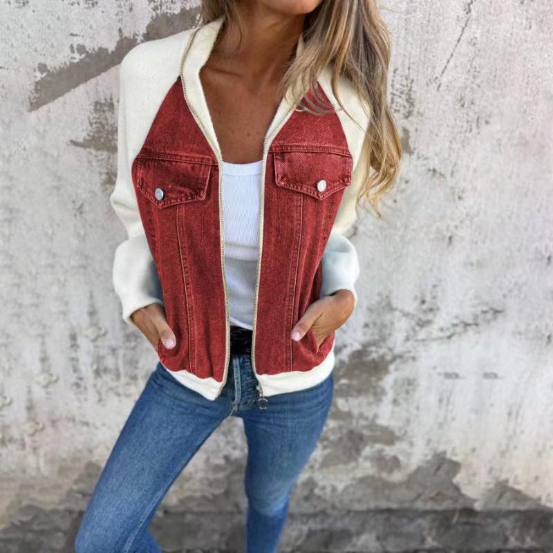 2024 Autumn/Winter Women's Denim Patchwork Raglan Sleeve Jacket - Casual Fashion