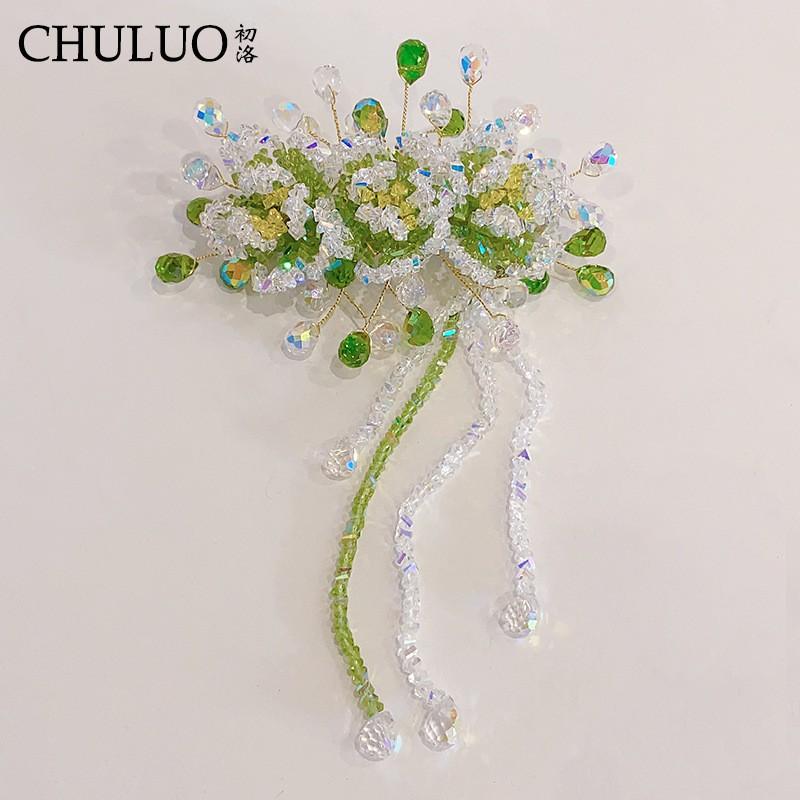 Elegant Floral Hair Clip With Crystal Tassel Women Semi-Updo Styling Green Spring Hair Clip