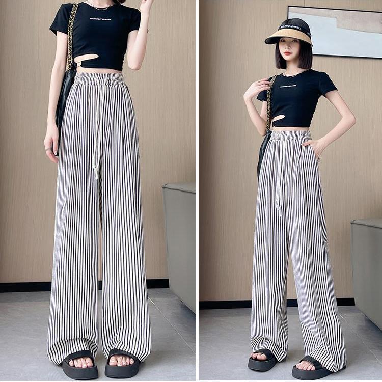 

2024 Autumn Women s Striped Wide-Leg Casual Pants - Slimming Floor-Length Trousers L [105-125 kg]