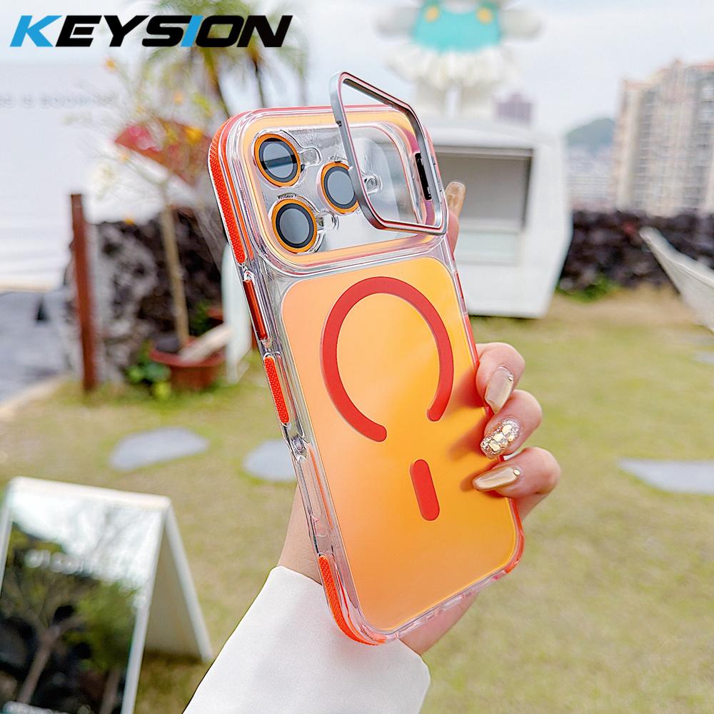 KEYSION Laser Gradient Magnetic Case for MagSafe for iPhone 11 12 13 14 15 17 Pro Max 16Plus Air 17e Lens Stand Shockproof Cover